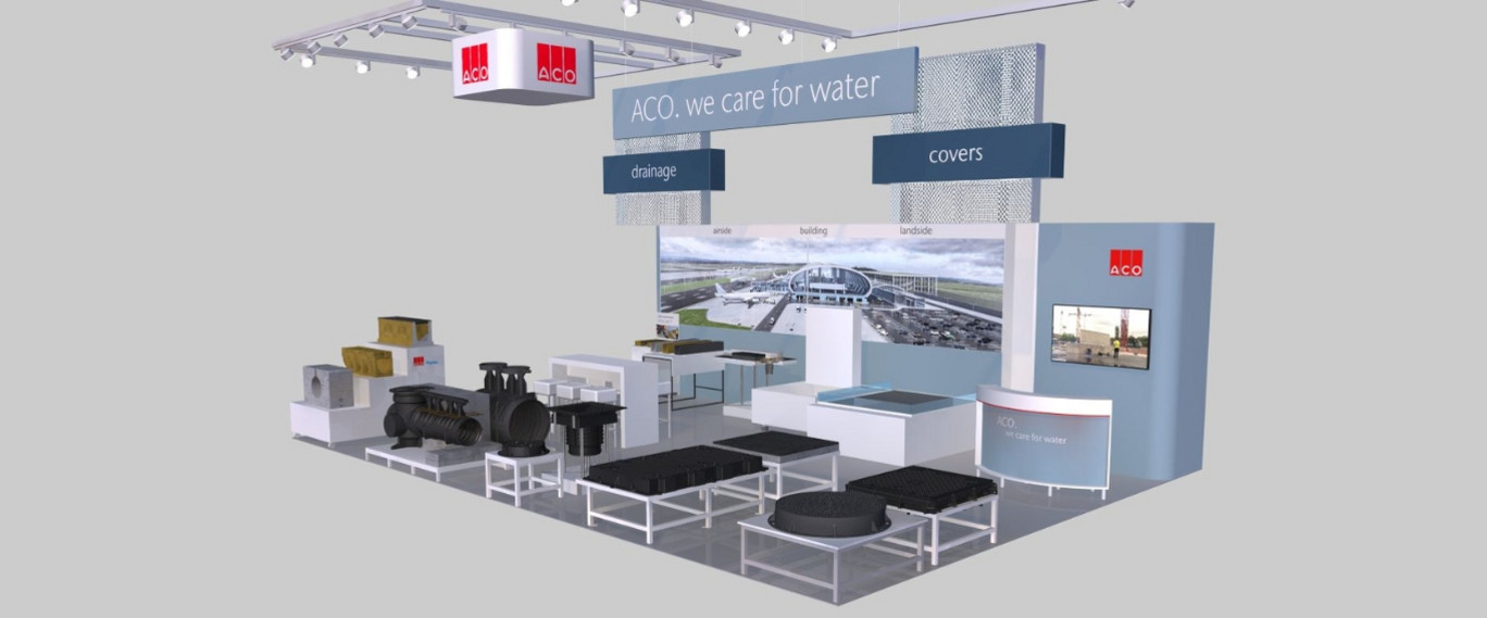 Rendering eines Messestands mit der Aufschrift „ACO. we care for water“. Der Stand zeigt verschiedene Produkte und Muster.