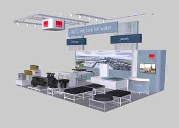Rendering eines Messestands mit der Aufschrift „ACO. we care for water“. Der Stand zeigt verschiedene Produkte und Muster.