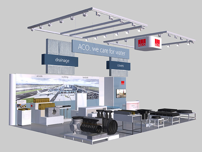Rendering eines Messestands mit der Aufschrift „ACO. we care for water“. Der Stand zeigt verschiedene Produkte und Muster.