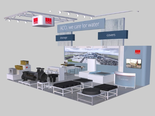 Rendering eines Messestands mit der Aufschrift „ACO. we care for water“. Der Stand zeigt verschiedene Produkte und Muster.