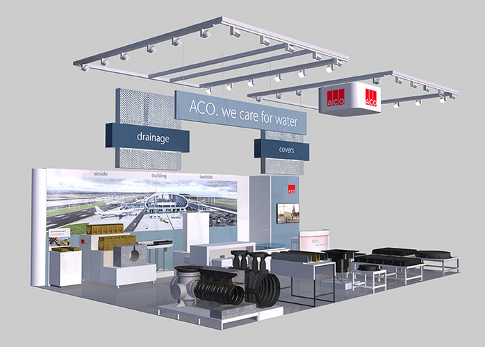 Rendering eines Messestands mit der Aufschrift „ACO. we care for water“. Der Stand zeigt verschiedene Produkte und Muster.