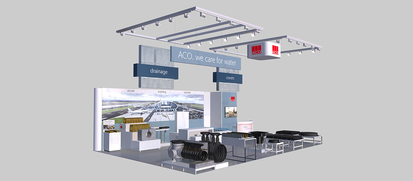 Rendering eines Messestands mit der Aufschrift „ACO. we care for water“. Der Stand zeigt verschiedene Produkte und Muster.
